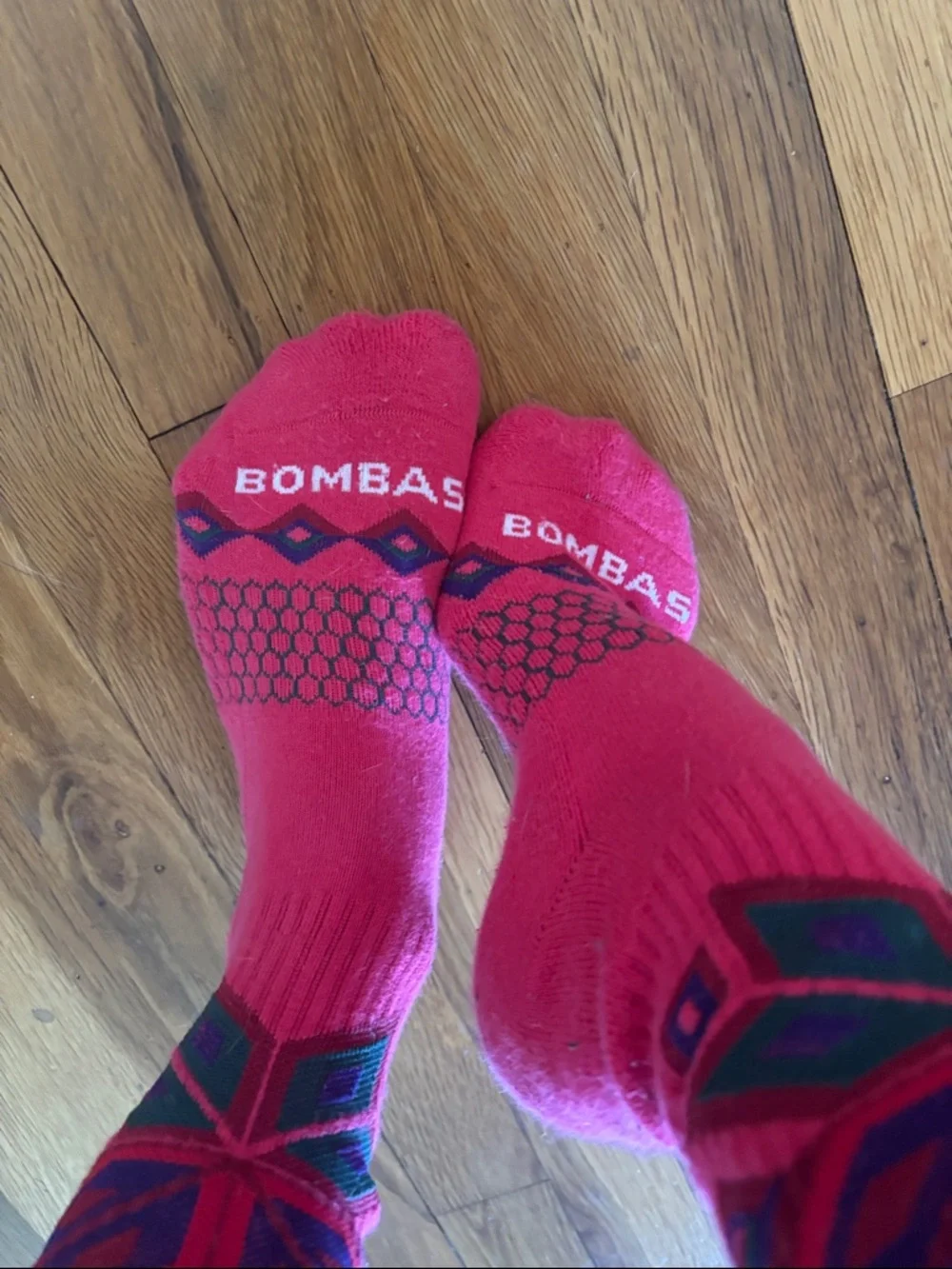 Bombas Red Athletic Cushioned Ankle Socks with Pattern